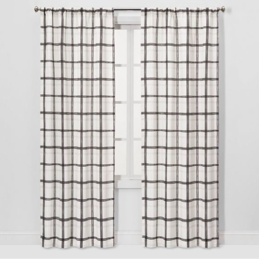 Threshold White and Black Window Curtain Panels - Grid Check